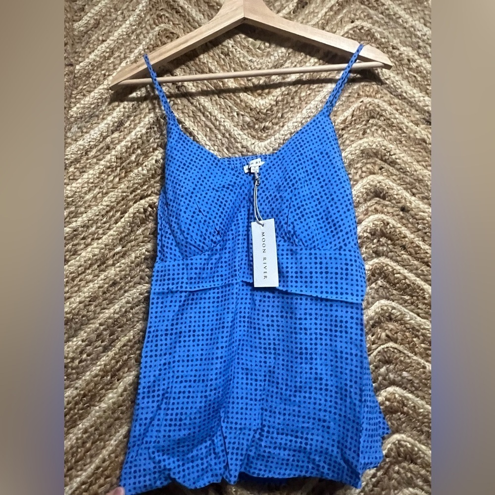 MOON RIVER Women's Cowl Back Woven Camisole Blue Top, Polka Dot, Size S, NWT - Picture 1 of 10